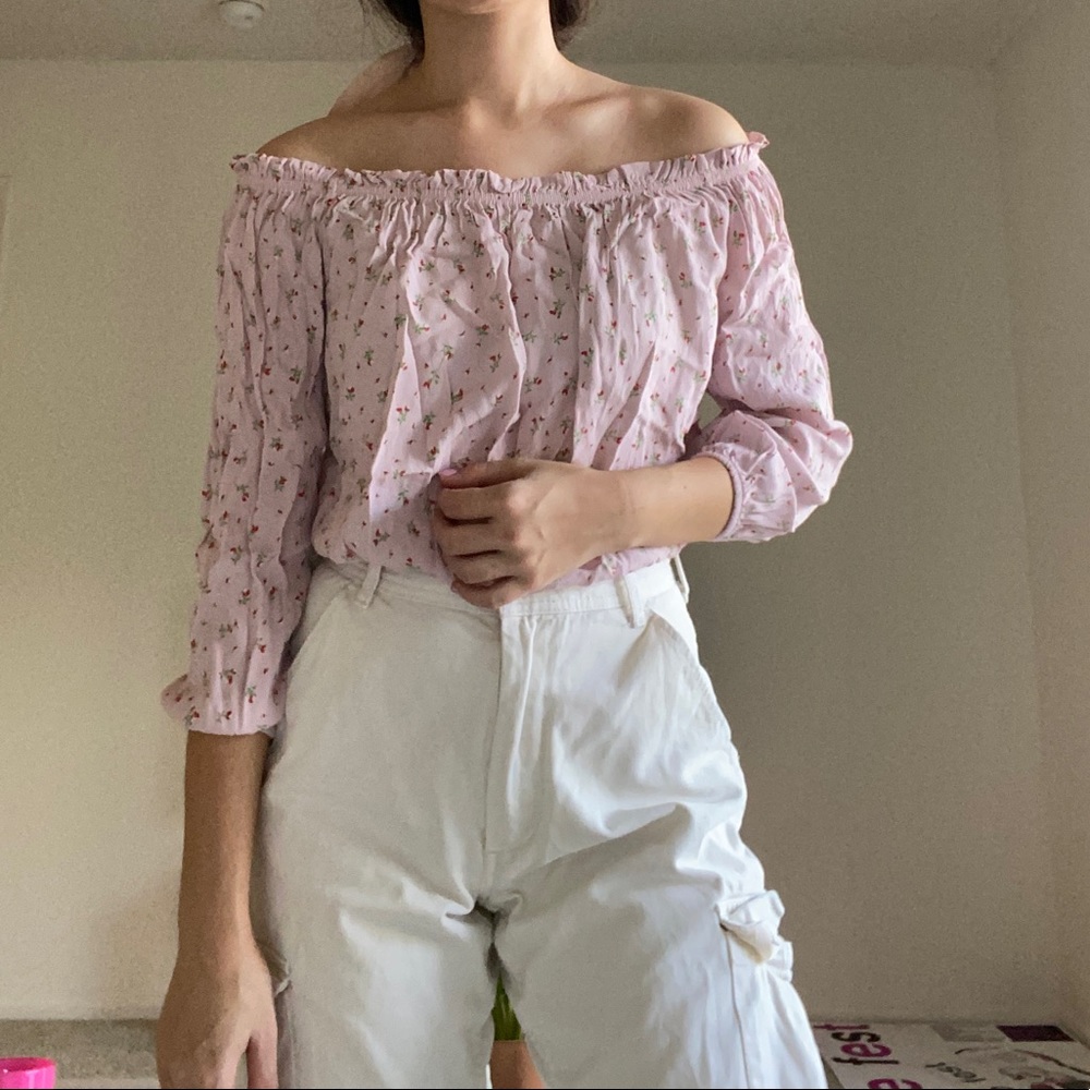 Brandy Melville Pink Floral Maura Off Shoulder Blouse